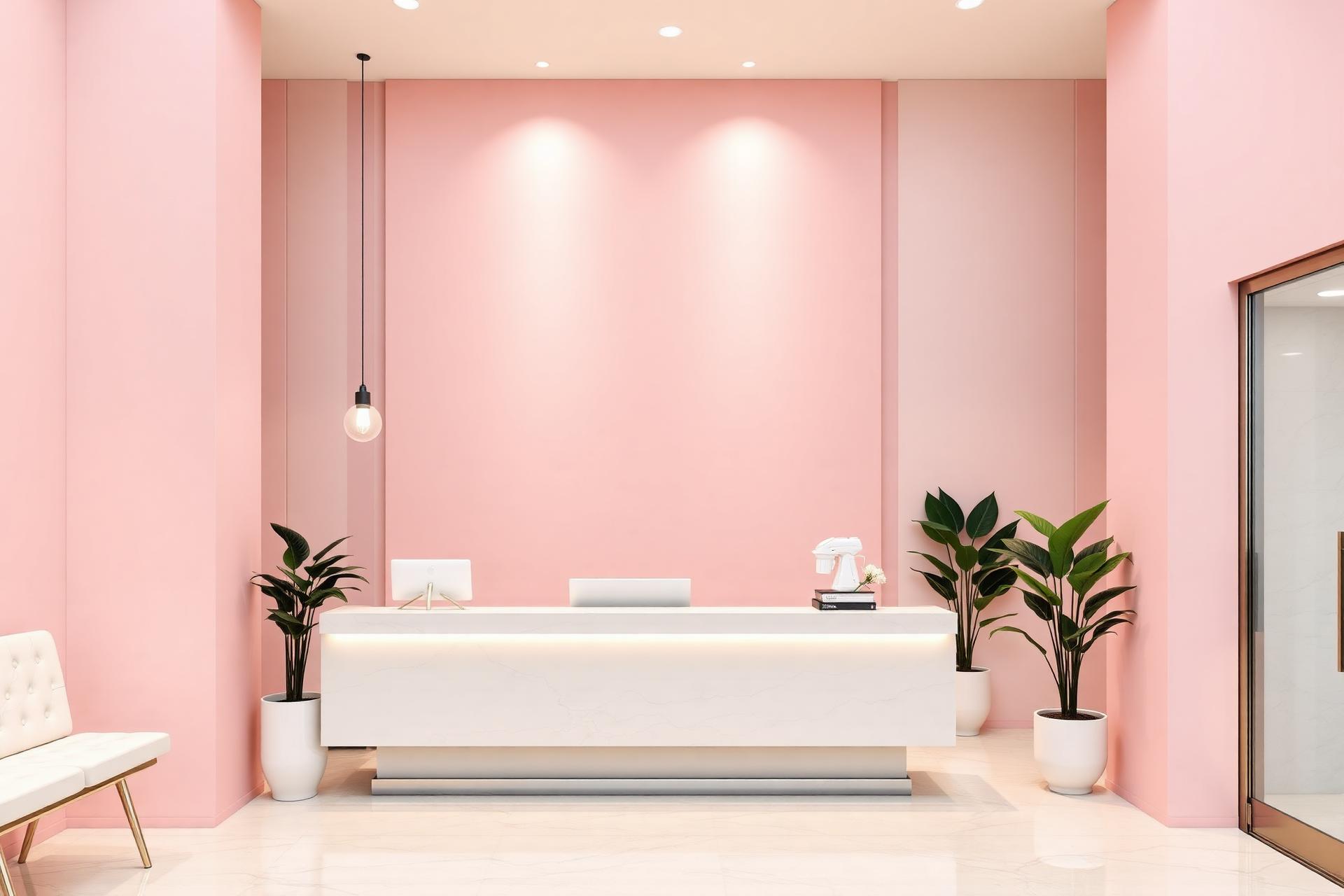 Recepção da Clínica Bella Juína em tons de rosa